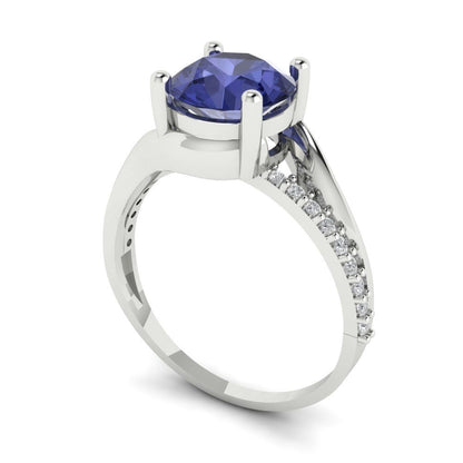 1.71 cttw Simulated Tanzanite Solitaire with Zirconia Simulated Diamond Accents Engagement Ring - Solid White Gold (VVS1, Round Cut,7.5mm)