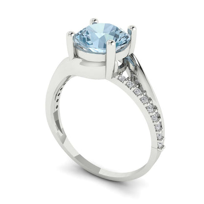 1.71 cttw Zirconia Simulated Blue Diamond Solitaire with Zirconia Simulated Diamond Accents Engagement Ring - Solid White Gold (VVS1, Round Cut,7.5mm)