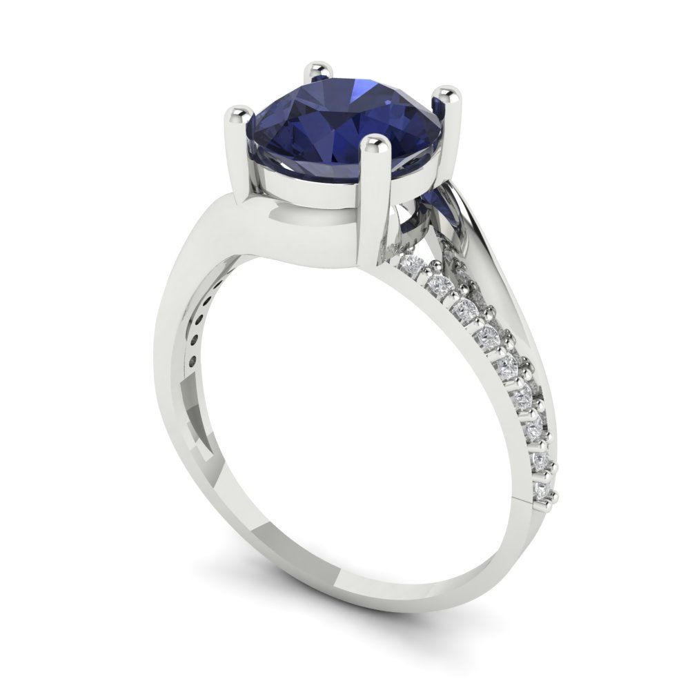 1.71 cttw Simulated Blue Sapphire Solitaire with Zirconia Simulated Diamond Accents Engagement Ring - Solid White Gold (VVS1, Round Cut,7.5mm)