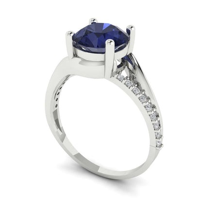 1.71 cttw Simulated Blue Sapphire Solitaire with Zirconia Simulated Diamond Accents Engagement Ring - Solid White Gold (VVS1, Round Cut,7.5mm)