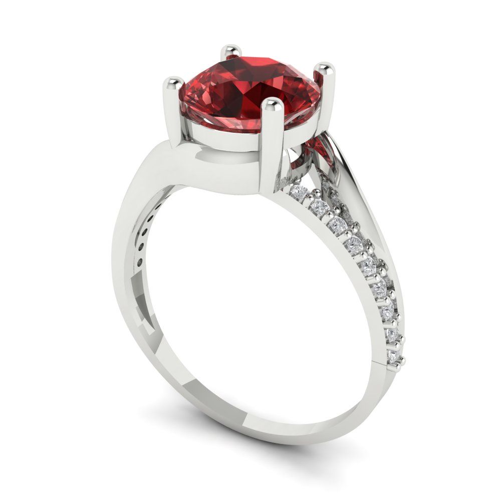 1.71 cttw Natural Garnet Solitaire with Zirconia Simulated Diamond Accents Engagement Ring - Solid White Gold (VVS1, Round Cut,7.5mm)