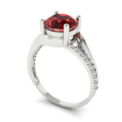 1.71 cttw Natural Garnet Solitaire with Zirconia Simulated Diamond Accents Engagement Ring - Solid White Gold (VVS1, Round Cut,7.5mm)