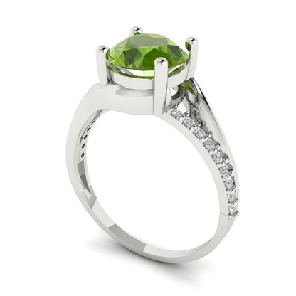 1.71 cttw Natural Peridot Solitaire with Zirconia Simulated Diamond Accents Engagement Ring - Solid White Gold (VVS1, Round Cut,7.5mm)