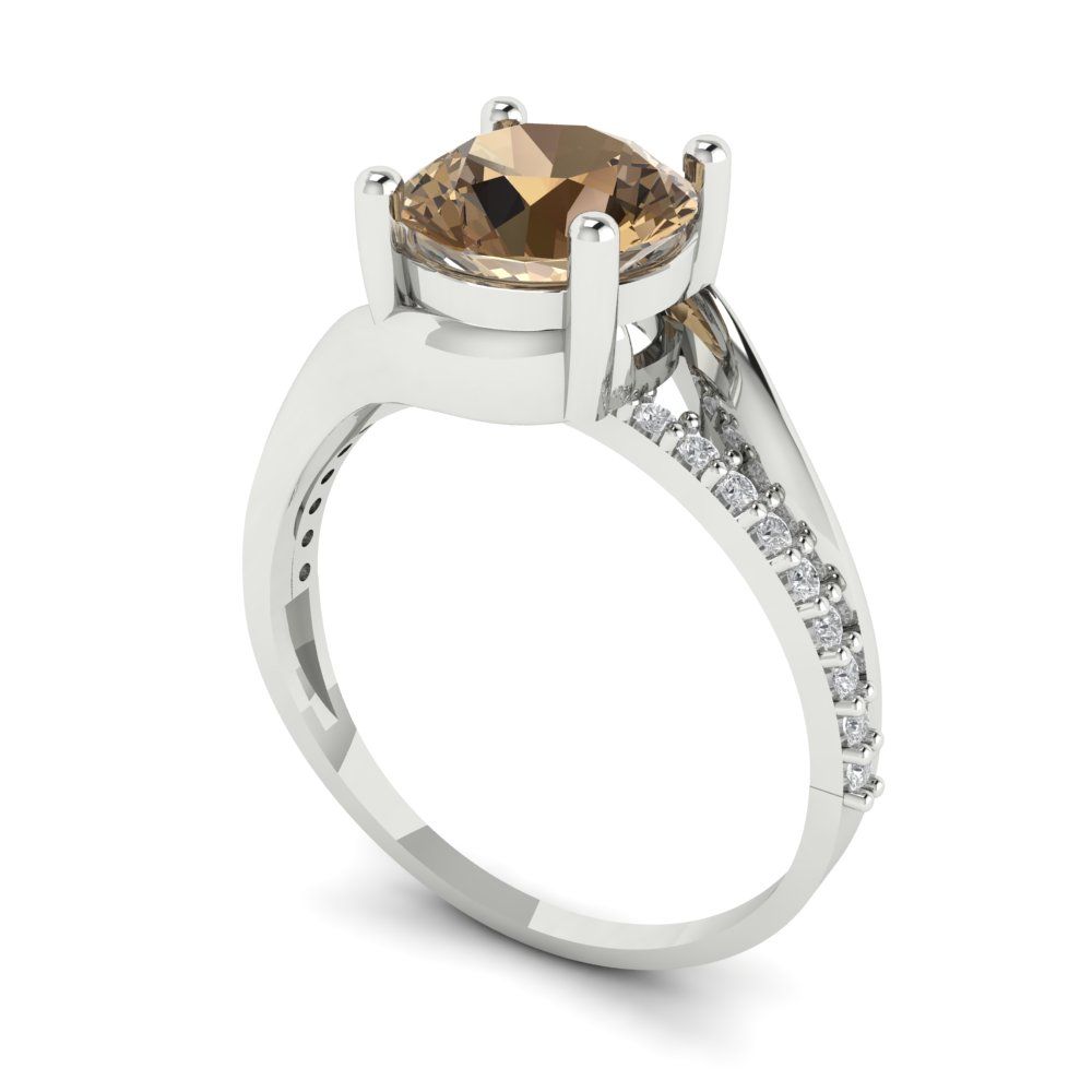 1.71 cttw Zirconia Simulated Champagne Diamond Solitaire with Zirconia Simulated Diamond Accents Engagement Ring - Solid White Gold (VVS1, Round Cut,7.5mm)