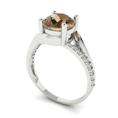 1.71 cttw Zirconia Simulated Champagne Diamond Solitaire with Zirconia Simulated Diamond Accents Engagement Ring - Solid White Gold (VVS1, Round Cut,7.5mm)