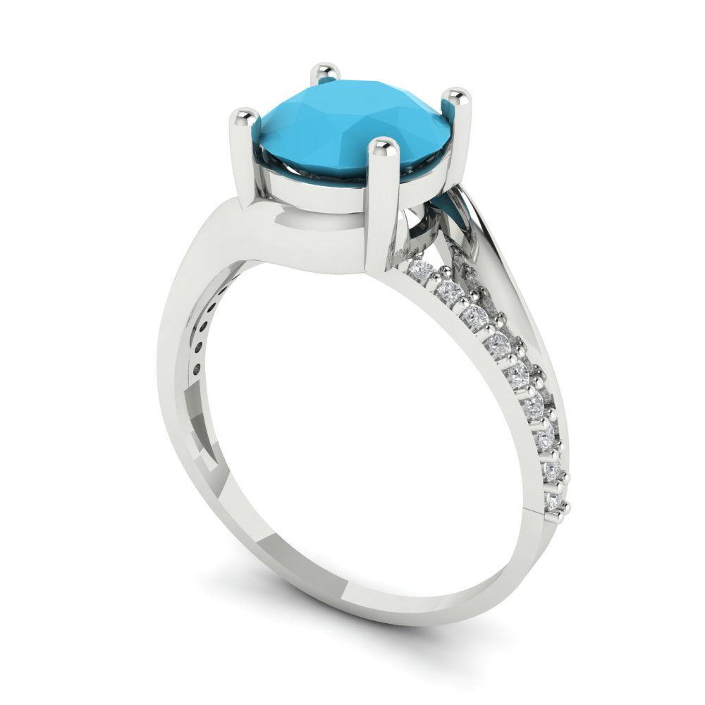 1.71 cttw Simulated Turquoise Solitaire with Zirconia Simulated Diamond Accents Engagement Ring - Solid White Gold (VVS1, Round Cut,7.5mm)