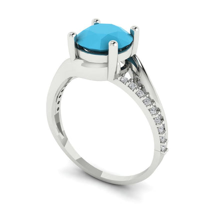 1.71 cttw Simulated Turquoise Solitaire with Zirconia Simulated Diamond Accents Engagement Ring - Solid White Gold (VVS1, Round Cut,7.5mm)