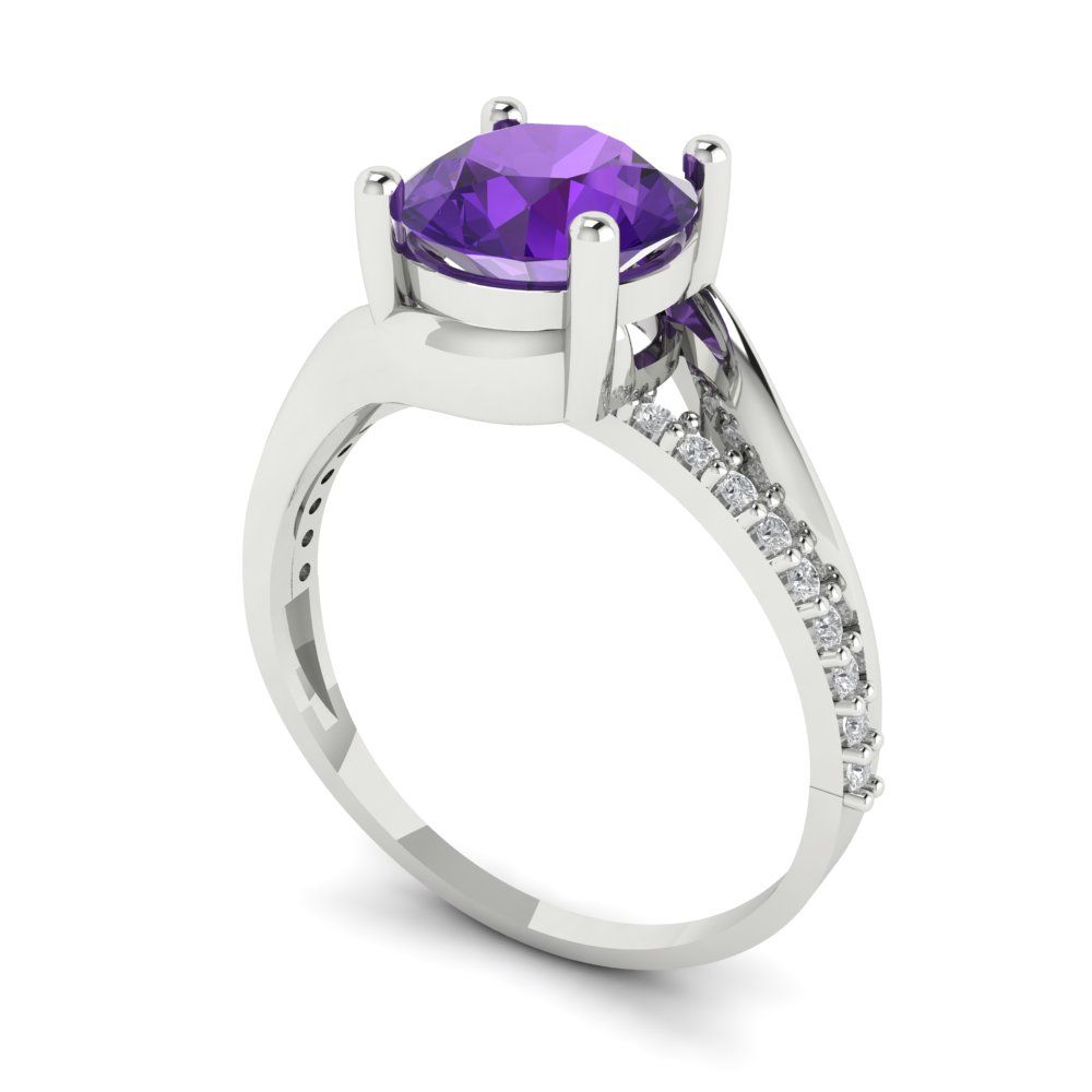 1.71 cttw Natural Amethyst Solitaire with Zirconia Simulated Diamond Accents Engagement Ring - Solid White Gold (VVS1, Round Cut,7.5mm)
