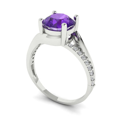 1.71 cttw Natural Amethyst Solitaire with Zirconia Simulated Diamond Accents Engagement Ring - Solid White Gold (VVS1, Round Cut,7.5mm)