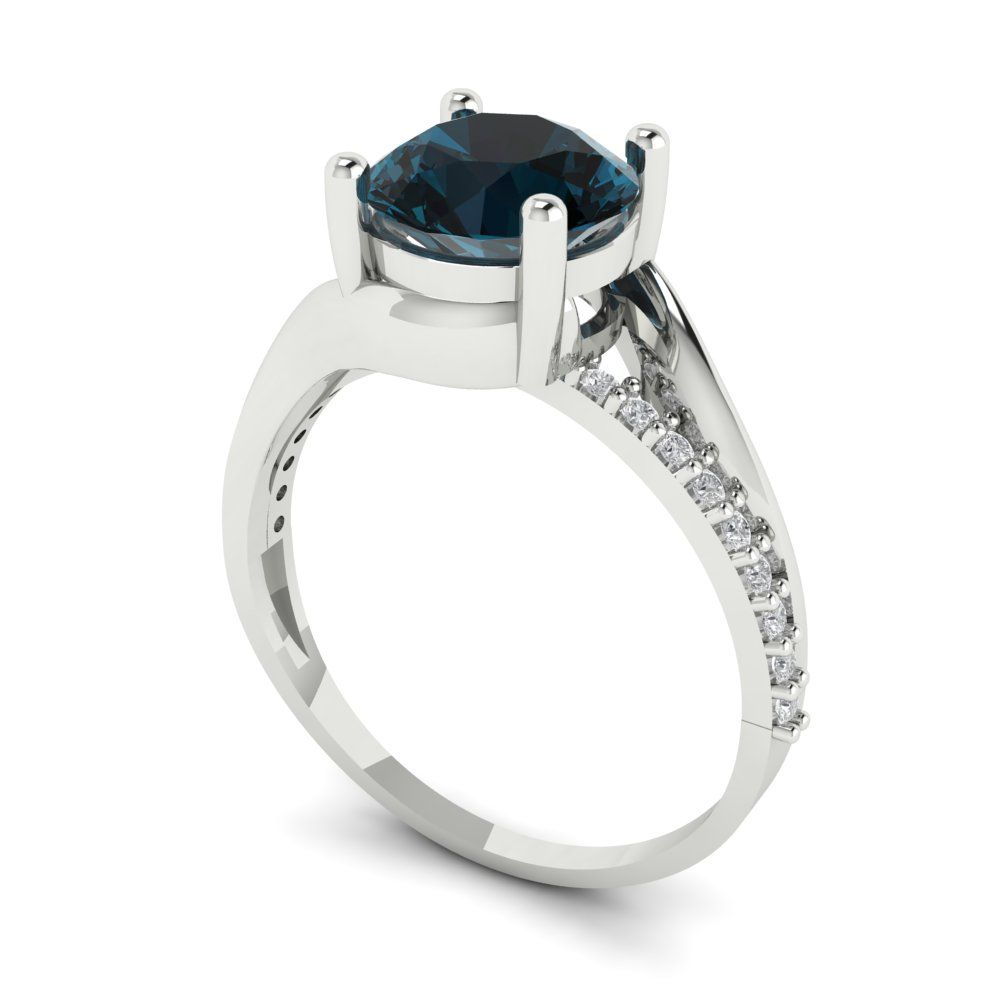 1.71 cttw Natural London Blue Topaz Solitaire with Zirconia Simulated Diamond Accents Engagement Ring - Solid White Gold (VVS1, Round Cut,7.5mm)