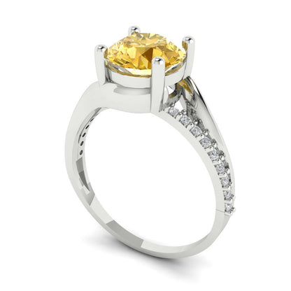 1.71 cttw Zirconia Simulated Yellow Diamond Solitaire with Zirconia Simulated Diamond Accents Engagement Ring - Solid White Gold (VVS1, Round Cut,7.5mm)