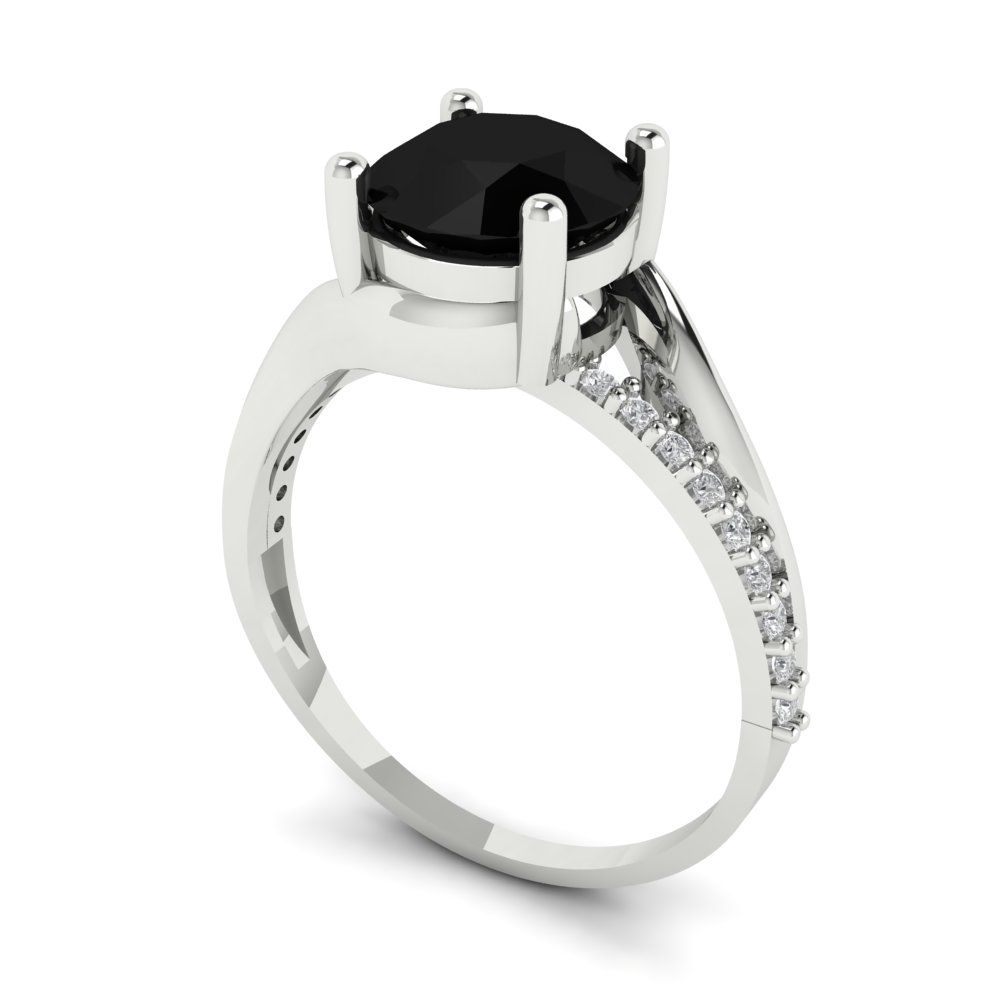 1.71 cttw Natural Onyx Solitaire with Zirconia Simulated Diamond Accents Engagement Ring - Solid White Gold (VVS1, Round Cut,7.5mm)