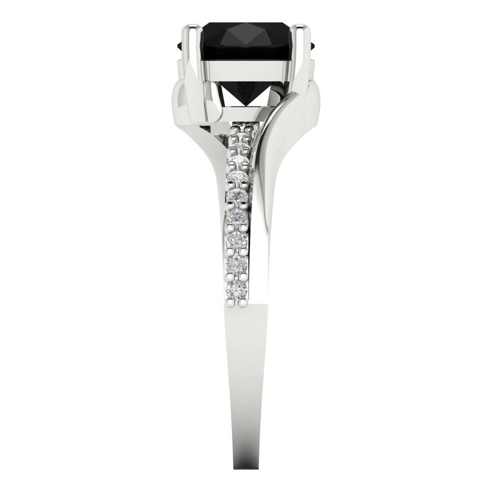 1.71 cttw Natural Onyx Solitaire with Zirconia Simulated Diamond Accents Engagement Ring - Solid White Gold (VVS1, Round Cut,7.5mm)