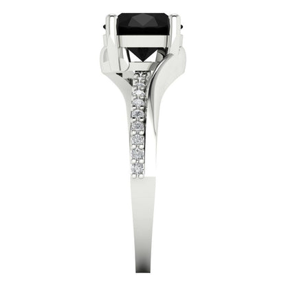 1.71 cttw Natural Onyx Solitaire with Zirconia Simulated Diamond Accents Engagement Ring - Solid White Gold (VVS1, Round Cut,7.5mm)