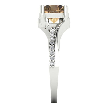 1.71 cttw Zirconia Simulated Champagne Diamond Solitaire with Zirconia Simulated Diamond Accents Engagement Ring - Solid White Gold (VVS1, Round Cut,7.5mm)
