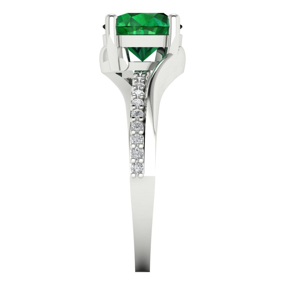 1.71 cttw Simulated Emerald Solitaire with Zirconia Simulated Diamond Accents Engagement Ring - Solid White Gold (VVS1, Round Cut,7.5mm)