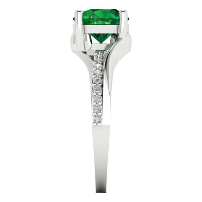 1.71 cttw Simulated Emerald Solitaire with Zirconia Simulated Diamond Accents Engagement Ring - Solid White Gold (VVS1, Round Cut,7.5mm)
