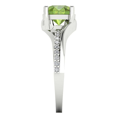 1.71 cttw Natural Peridot Solitaire with Zirconia Simulated Diamond Accents Engagement Ring - Solid White Gold (VVS1, Round Cut,7.5mm)