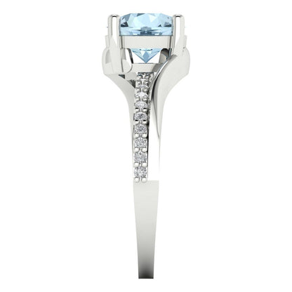 1.71 cttw Natural Aquamarine Solitaire with Zirconia Simulated Diamond Accents Engagement Ring - Solid White Gold (VVS1, Round Cut,7.5mm)