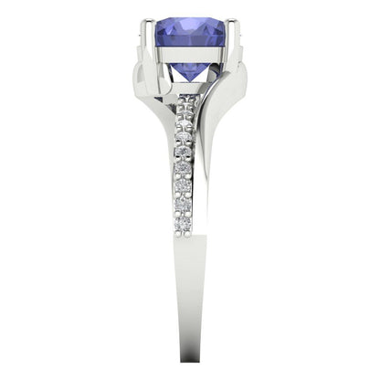 1.71 cttw Simulated Tanzanite Solitaire with Zirconia Simulated Diamond Accents Engagement Ring - Solid White Gold (VVS1, Round Cut,7.5mm)
