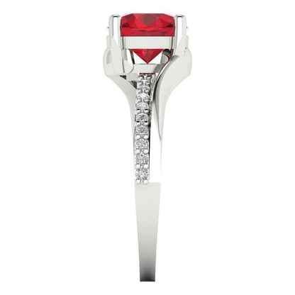 1.71 cttw Simulated Ruby Solitaire with Zirconia Simulated Diamond Accents Engagement Ring - Solid White Gold (VVS1, Round Cut,7.5mm)