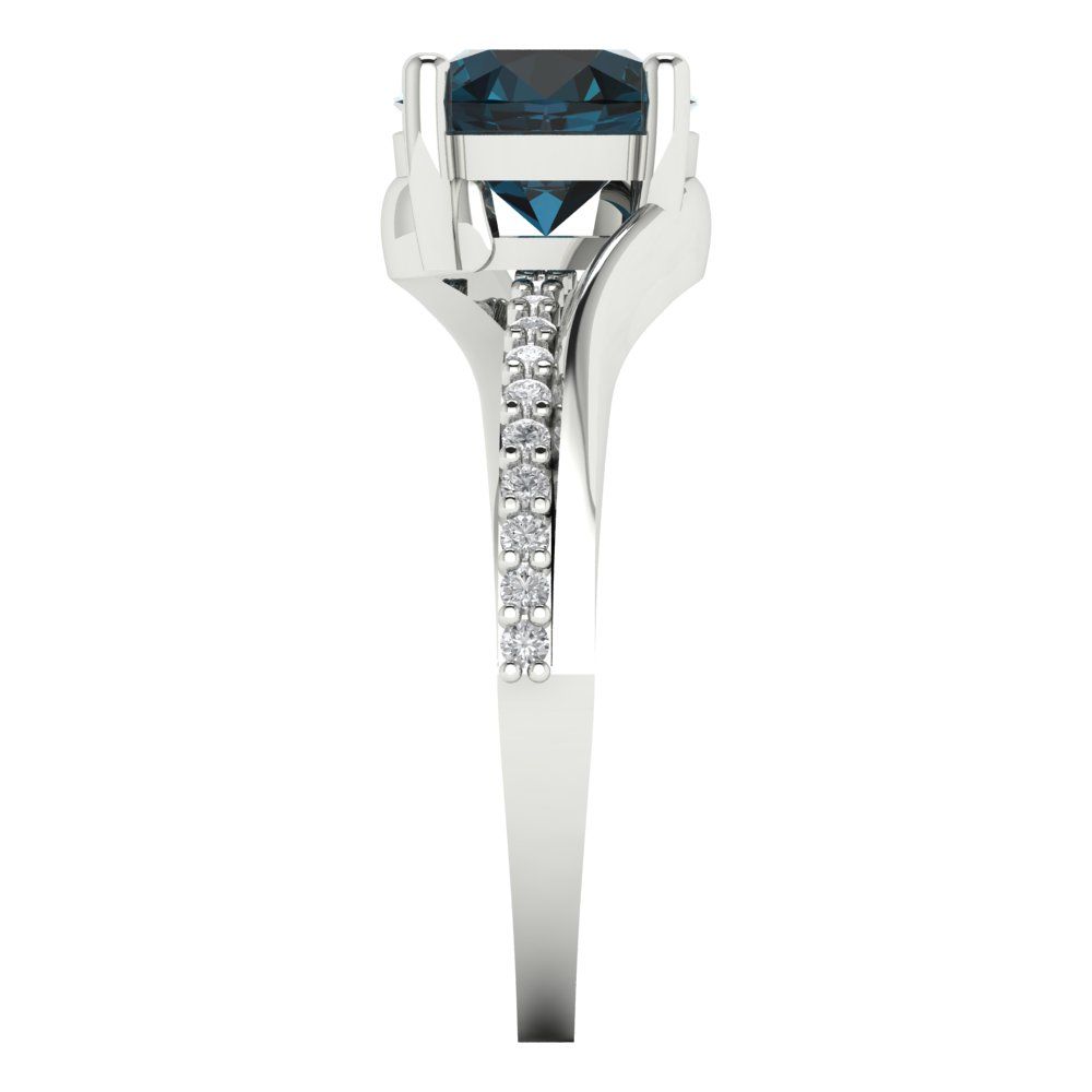 1.71 cttw Natural London Blue Topaz Solitaire with Zirconia Simulated Diamond Accents Engagement Ring - Solid White Gold (VVS1, Round Cut,7.5mm)