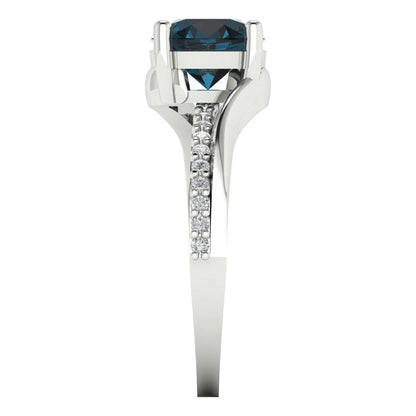 1.71 cttw Natural London Blue Topaz Solitaire with Zirconia Simulated Diamond Accents Engagement Ring - Solid White Gold (VVS1, Round Cut,7.5mm)