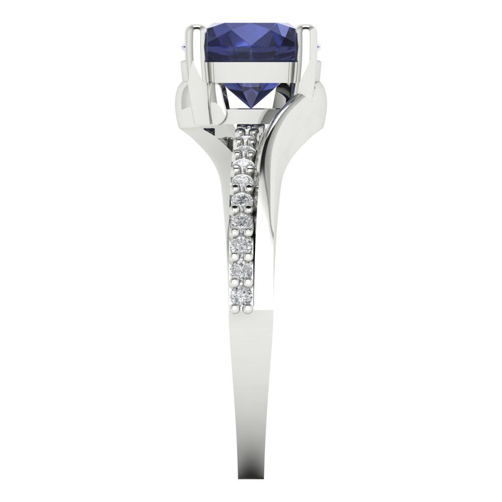 1.71 cttw Simulated Blue Sapphire Solitaire with Zirconia Simulated Diamond Accents Engagement Ring - Solid White Gold (VVS1, Round Cut,7.5mm)