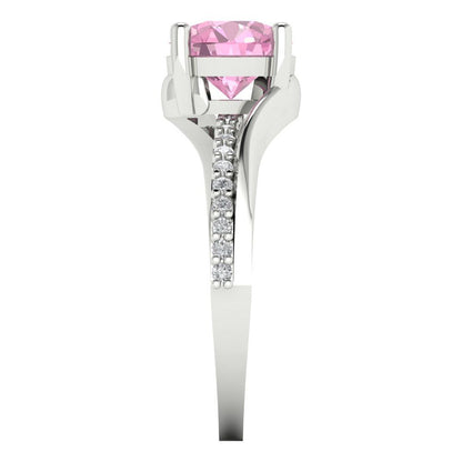 1.71 cttw Zirconia Simulated Pink Diamond Solitaire with Zirconia Simulated Diamond Accents Engagement Ring - Solid White Gold (VVS1, Round Cut,7.5mm)