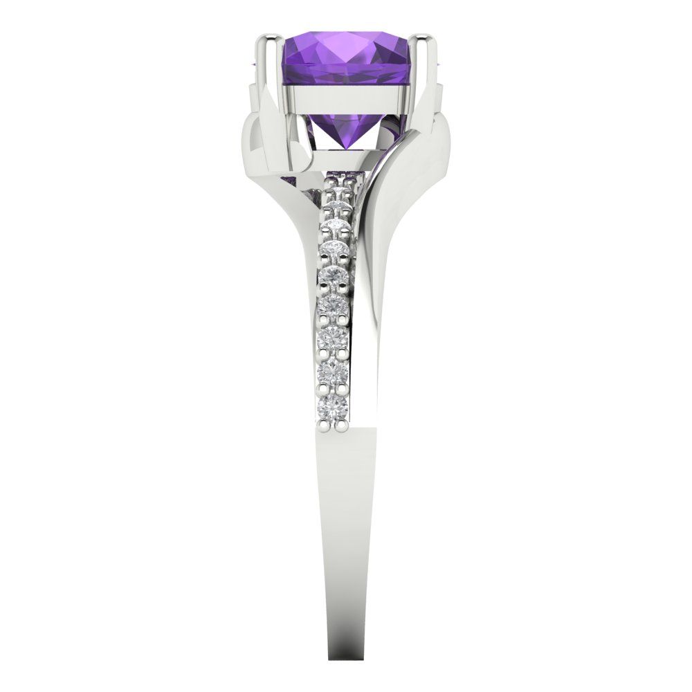 1.71 cttw Natural Amethyst Solitaire with Zirconia Simulated Diamond Accents Engagement Ring - Solid White Gold (VVS1, Round Cut,7.5mm)