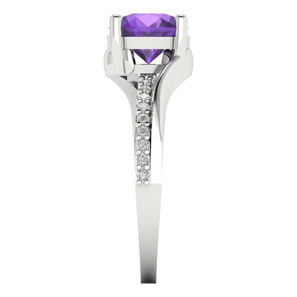 1.71 cttw Natural Amethyst Solitaire with Zirconia Simulated Diamond Accents Engagement Ring - Solid White Gold (VVS1, Round Cut,7.5mm)