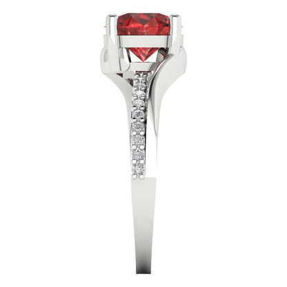1.71 cttw Natural Garnet Solitaire with Zirconia Simulated Diamond Accents Engagement Ring - Solid White Gold (VVS1, Round Cut,7.5mm)