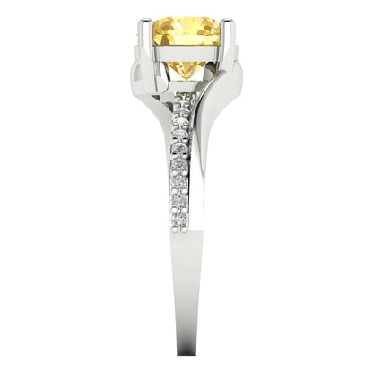 1.71 cttw Zirconia Simulated Yellow Diamond Solitaire with Zirconia Simulated Diamond Accents Engagement Ring - Solid White Gold (VVS1, Round Cut,7.5mm)