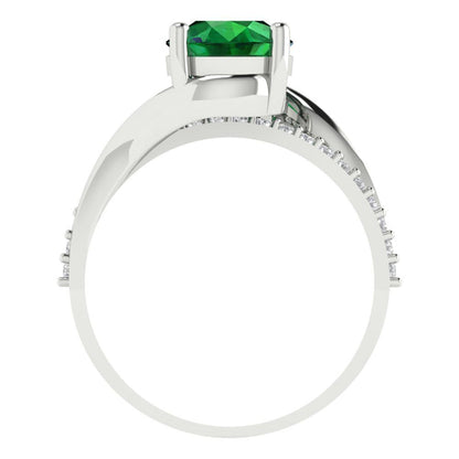 1.71 cttw Simulated Emerald Solitaire with Zirconia Simulated Diamond Accents Engagement Ring - Solid White Gold (VVS1, Round Cut,7.5mm)