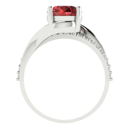 1.71 cttw Natural Garnet Solitaire with Zirconia Simulated Diamond Accents Engagement Ring - Solid White Gold (VVS1, Round Cut,7.5mm)