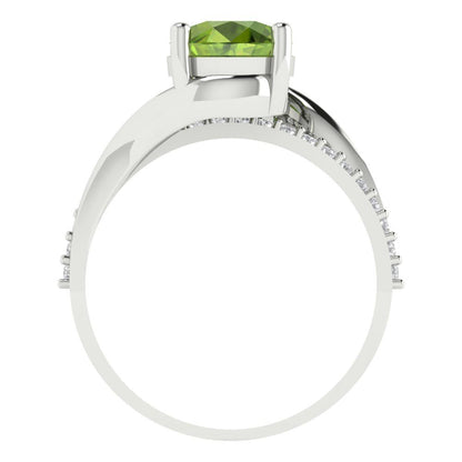 1.71 cttw Natural Peridot Solitaire with Zirconia Simulated Diamond Accents Engagement Ring - Solid White Gold (VVS1, Round Cut,7.5mm)