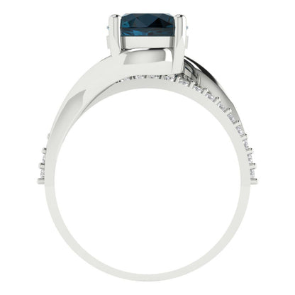 1.71 cttw Natural London Blue Topaz Solitaire with Zirconia Simulated Diamond Accents Engagement Ring - Solid White Gold (VVS1, Round Cut,7.5mm)