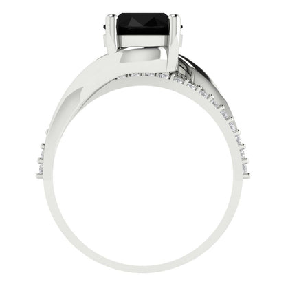 1.71 cttw Natural Onyx Solitaire with Zirconia Simulated Diamond Accents Engagement Ring - Solid White Gold (VVS1, Round Cut,7.5mm)