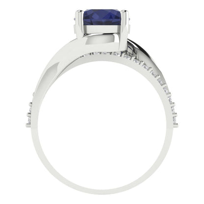 1.71 cttw Simulated Blue Sapphire Solitaire with Zirconia Simulated Diamond Accents Engagement Ring - Solid White Gold (VVS1, Round Cut,7.5mm)