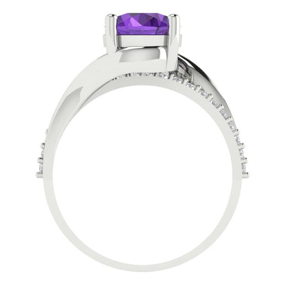 1.71 cttw Natural Amethyst Solitaire with Zirconia Simulated Diamond Accents Engagement Ring - Solid White Gold (VVS1, Round Cut,7.5mm)