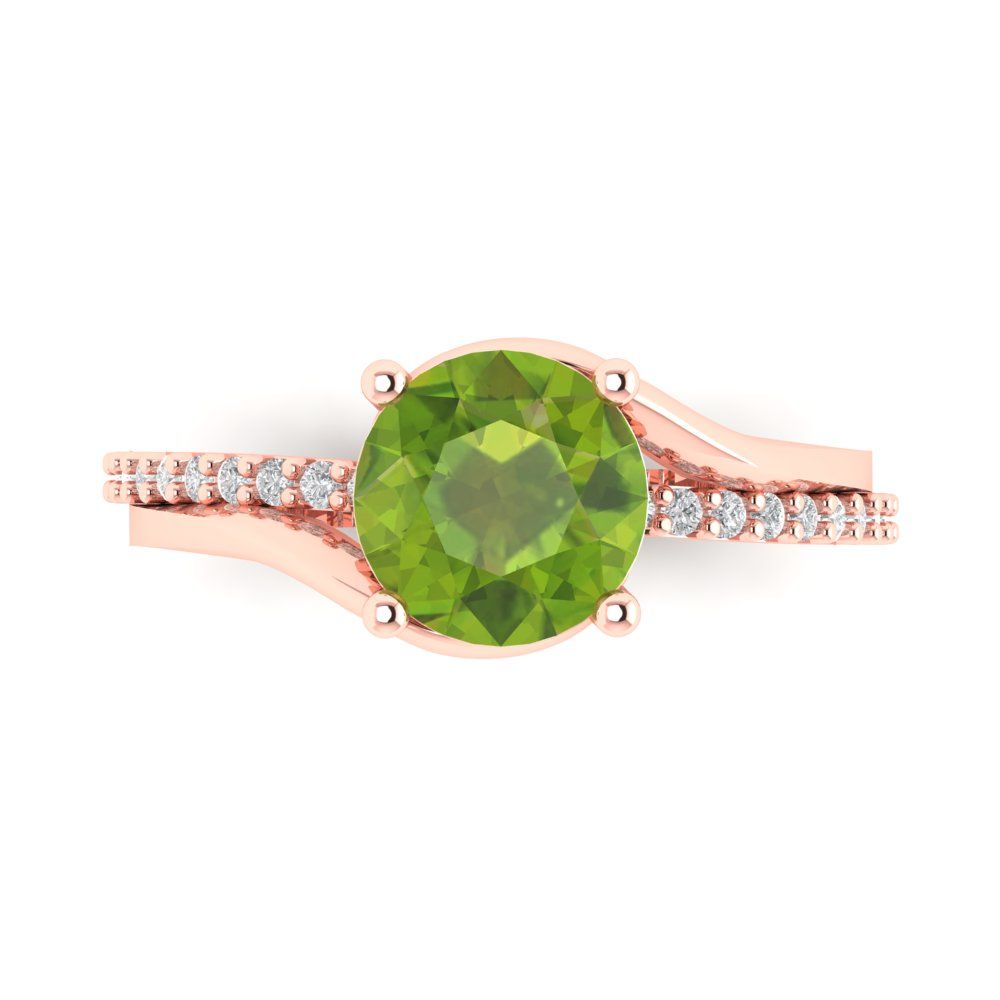 1.71 cttw Natural Peridot Solitaire with Zirconia Simulated Diamond Accents Engagement Ring - Solid Rose Gold (VVS1, Round Cut,7.5mm)