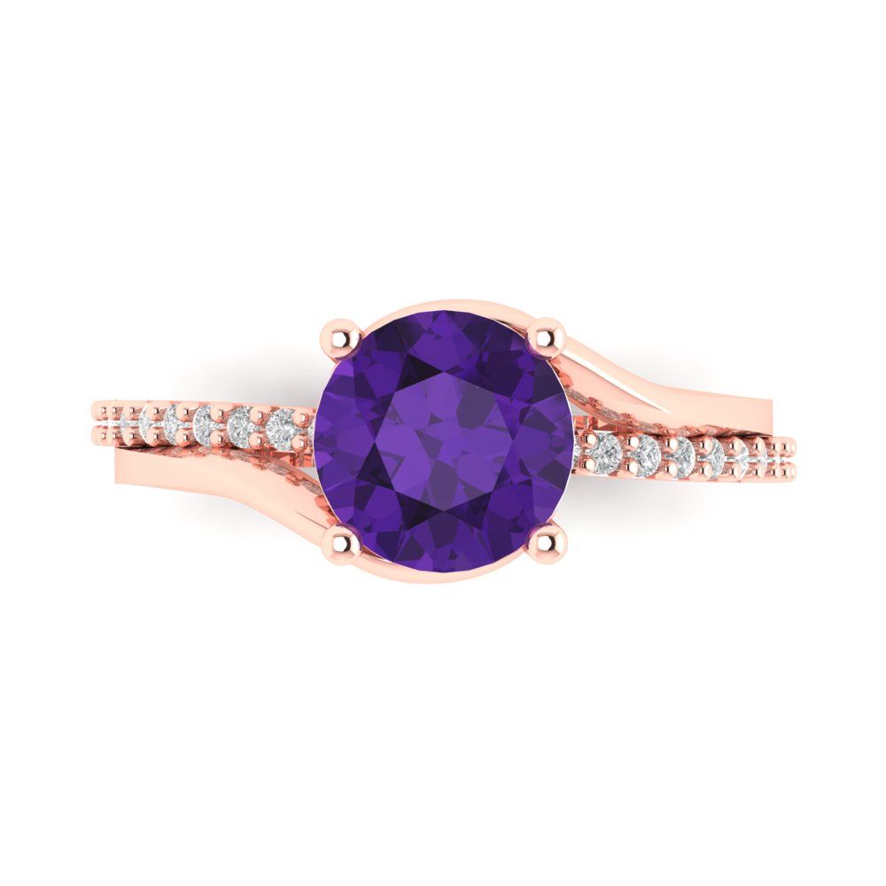 1.71 cttw Natural Amethyst Solitaire with Zirconia Simulated Diamond Accents Engagement Ring - Solid Rose Gold (VVS1, Round Cut,7.5mm)