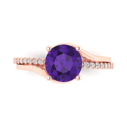 1.71 cttw Natural Amethyst Solitaire with Zirconia Simulated Diamond Accents Engagement Ring - Solid Rose Gold (VVS1, Round Cut,7.5mm)