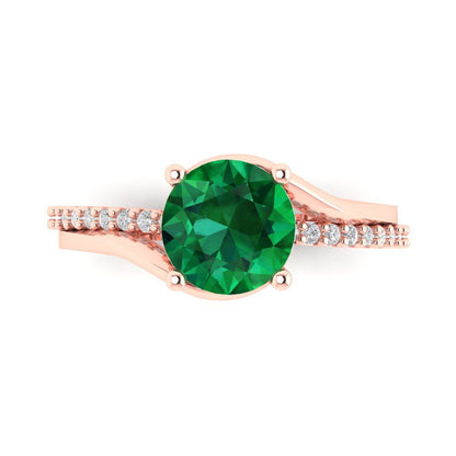 1.71 cttw Simulated Emerald Solitaire with Zirconia Simulated Diamond Accents Engagement Ring - Solid Rose Gold (VVS1, Round Cut,7.5mm)