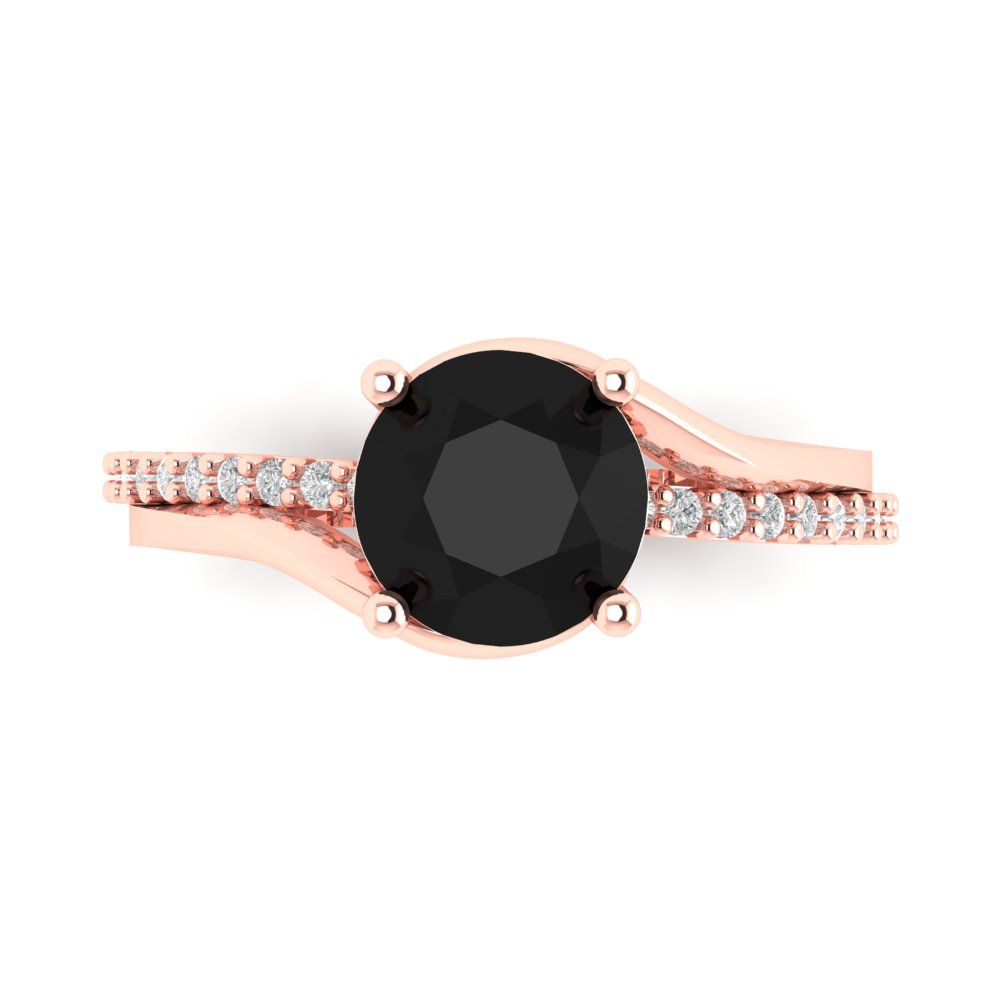 1.71 cttw Natural Onyx Solitaire with Zirconia Simulated Diamond Accents Engagement Ring - Solid Rose Gold (VVS1, Round Cut,7.5mm)