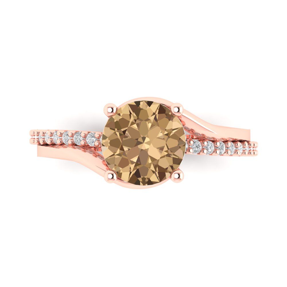 1.71 cttw Zirconia Simulated Champagne Diamond Solitaire with Zirconia Simulated Diamond Accents Engagement Ring - Solid Rose Gold (VVS1, Round Cut,7.5mm)