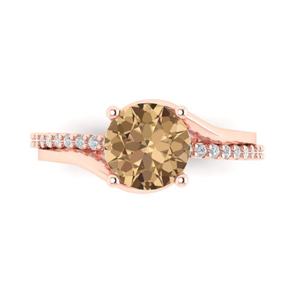 1.71 cttw Zirconia Simulated Champagne Diamond Solitaire with Zirconia Simulated Diamond Accents Engagement Ring - Solid Rose Gold (VVS1, Round Cut,7.5mm)