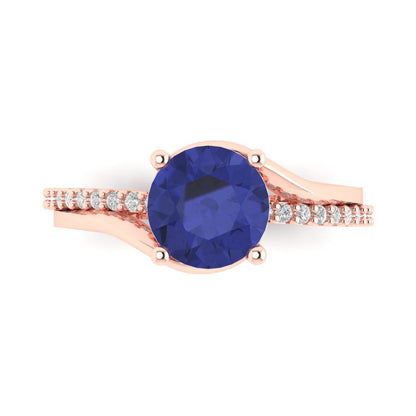 1.71 cttw Simulated Tanzanite Solitaire with Zirconia Simulated Diamond Accents Engagement Ring - Solid Rose Gold (VVS1, Round Cut,7.5mm)