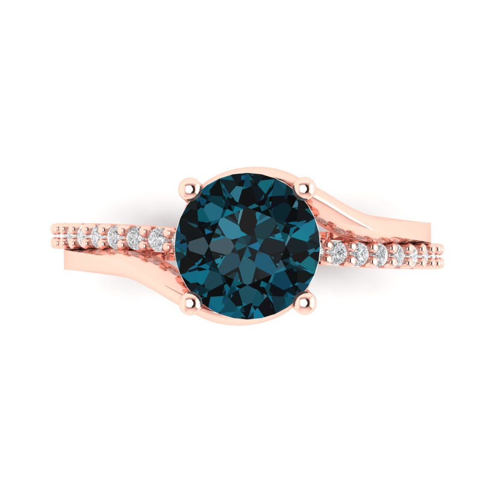 1.71 cttw Natural London Blue Topaz Solitaire with Zirconia Simulated Diamond Accents Engagement Ring - Solid Rose Gold (VVS1, Round Cut,7.5mm)