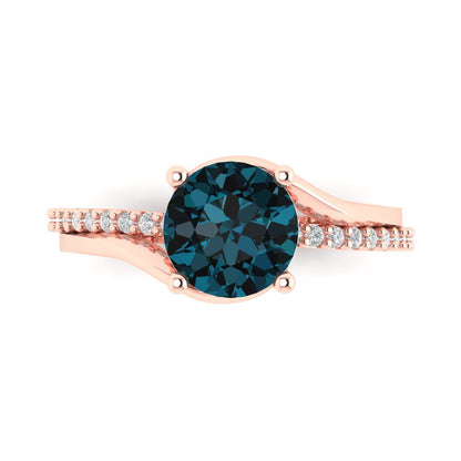 1.71 cttw Natural London Blue Topaz Solitaire with Zirconia Simulated Diamond Accents Engagement Ring - Solid Rose Gold (VVS1, Round Cut,7.5mm)